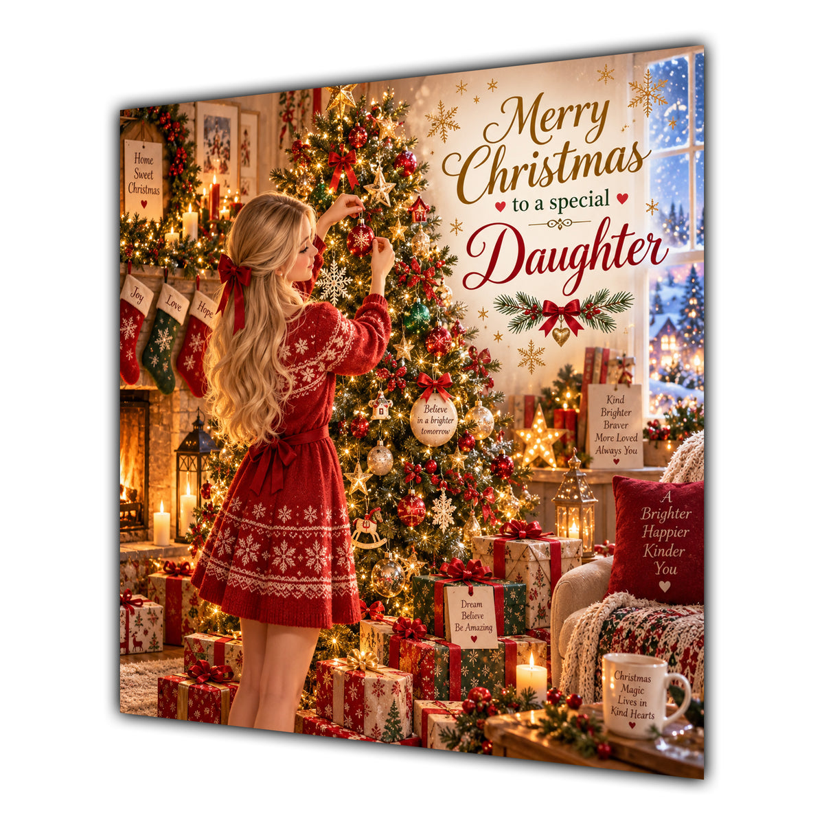 Daughter Christmas Card Blonde Decorating Christmas Tree Red Jumper - unpersonalised 15 cm square matte greeting card