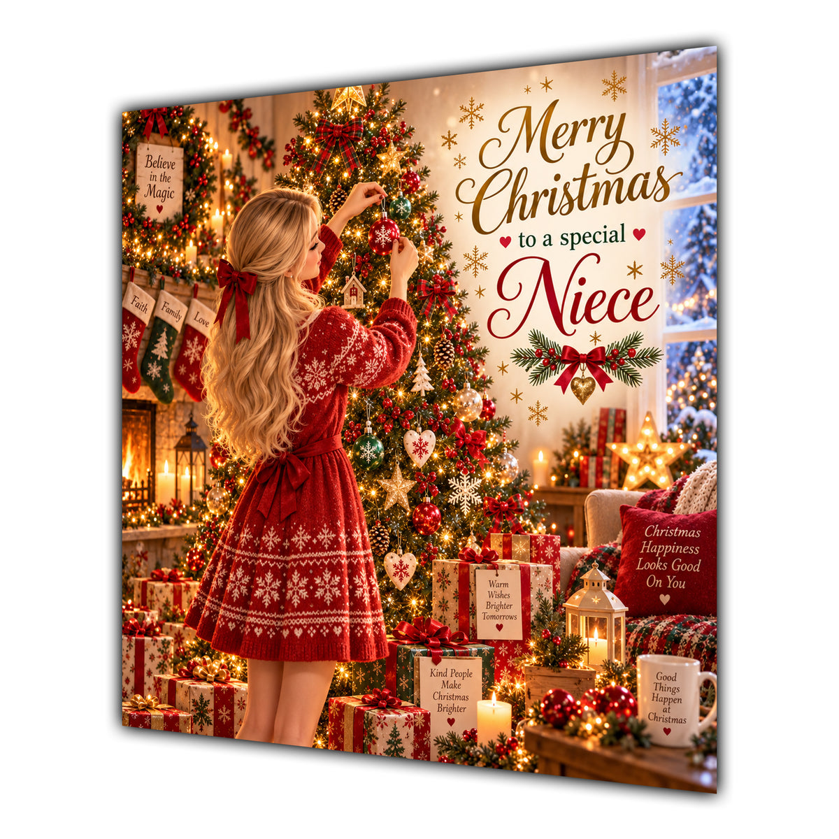 Niece Christmas Card Blonde Decorating Christmas Tree Red Jumper - unpersonalised 15 cm square matte greeting card