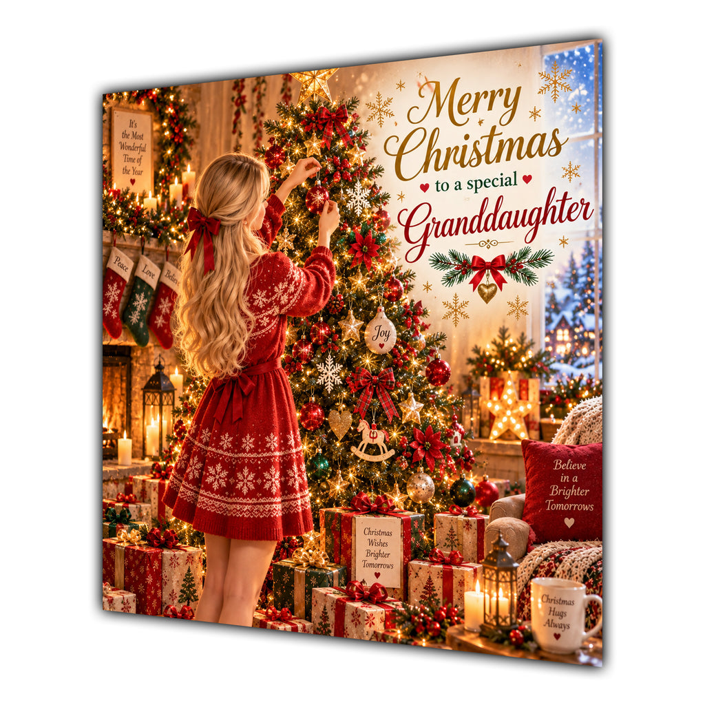 Granddaughter Christmas Card Blonde Decorating Christmas Tree Red Jumper - unpersonalised 15 cm square matte greeting card