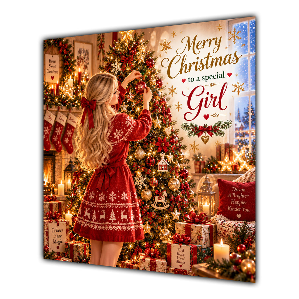 Girl Christmas Card Blonde Decorating Christmas Tree Red Jumper - unpersonalised 15 cm square matte greeting card