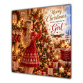 Girl Christmas Card Blonde Decorating Christmas Tree Red Jumper - unpersonalised 15 cm square matte greeting card