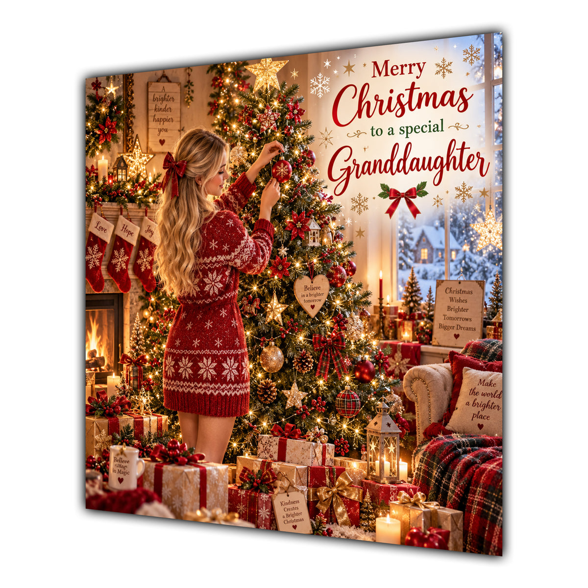 Granddaughter Christmas Card Blonde Decorating Christmas Tree Red Jumper - unpersonalised 15 cm square matte greeting card