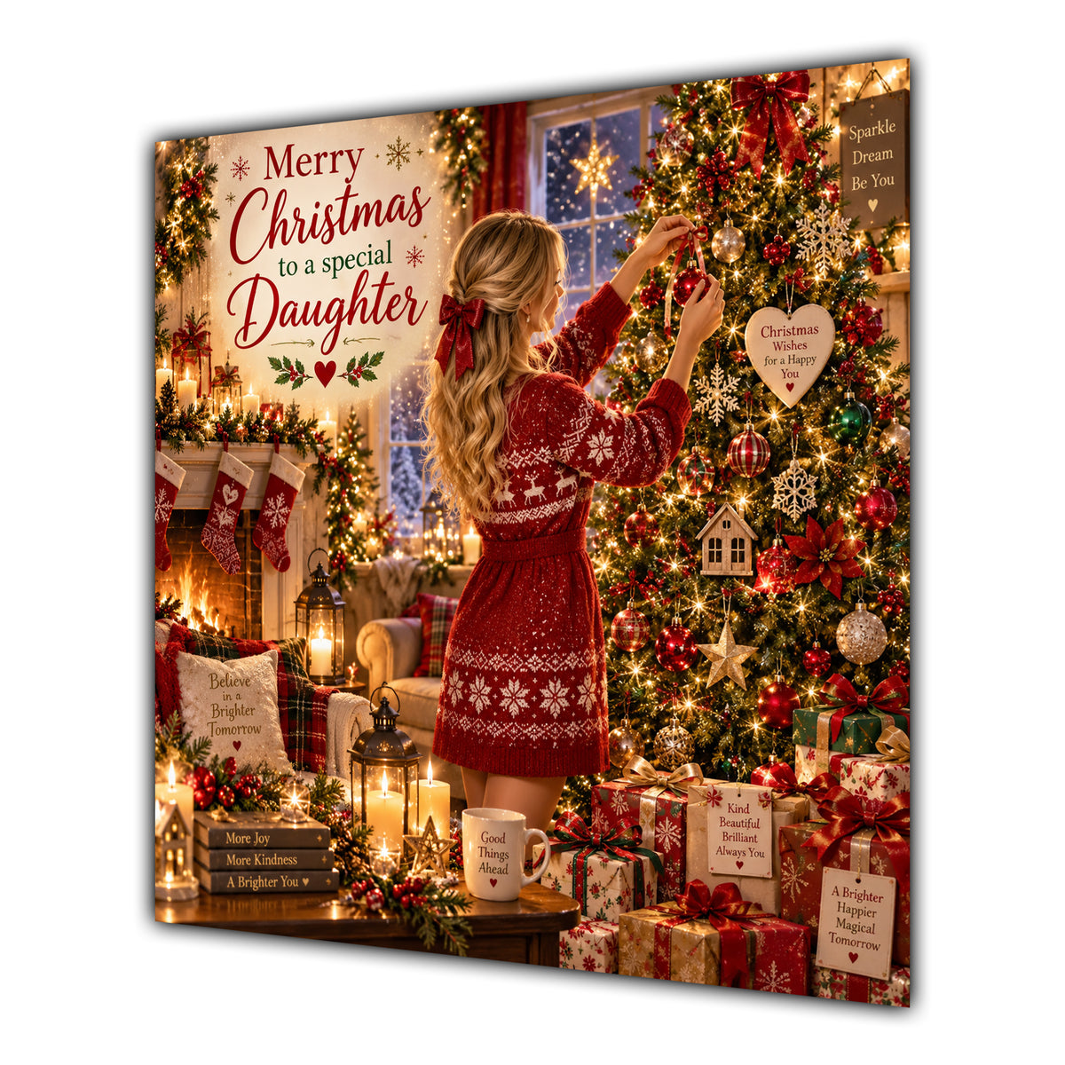Daughter Christmas Card Blonde Decorating Christmas Tree Red Jumper - unpersonalised 15 cm square matte greeting card