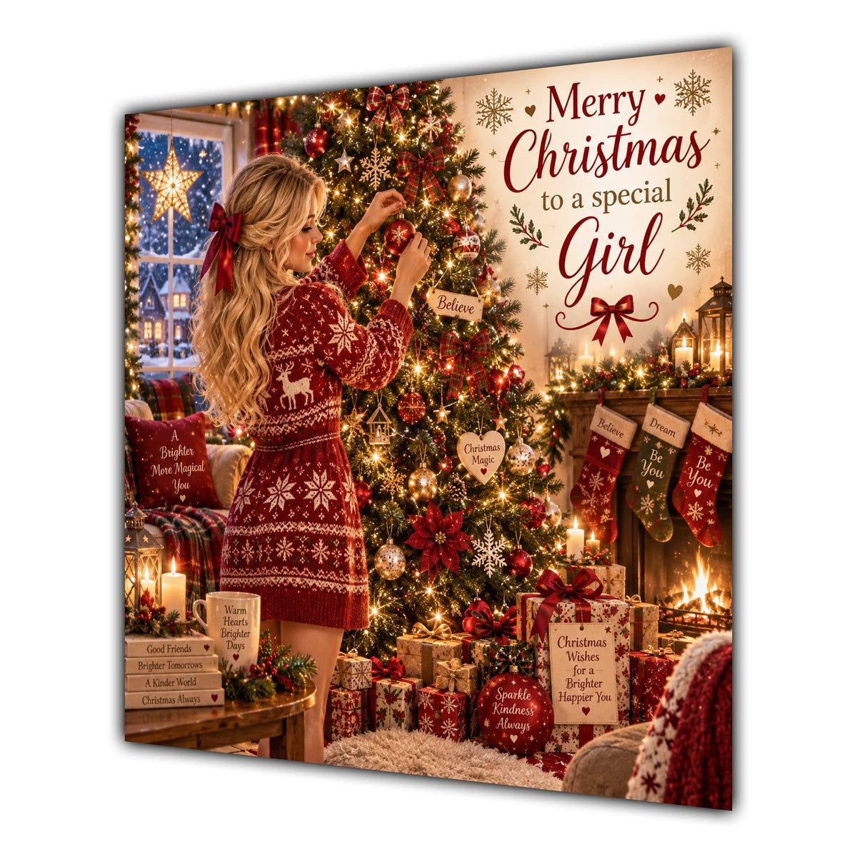 Girl Christmas Card Blonde Decorating Christmas Tree Red Jumper - unpersonalised 15 cm square matte greeting card