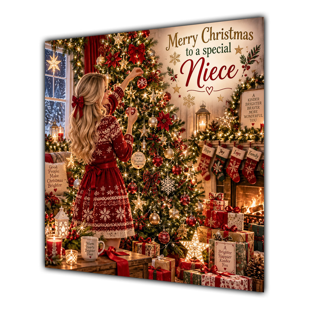 Niece Christmas Card Blonde Decorating Christmas Tree Red Jumper - unpersonalised 15 cm square matte greeting card