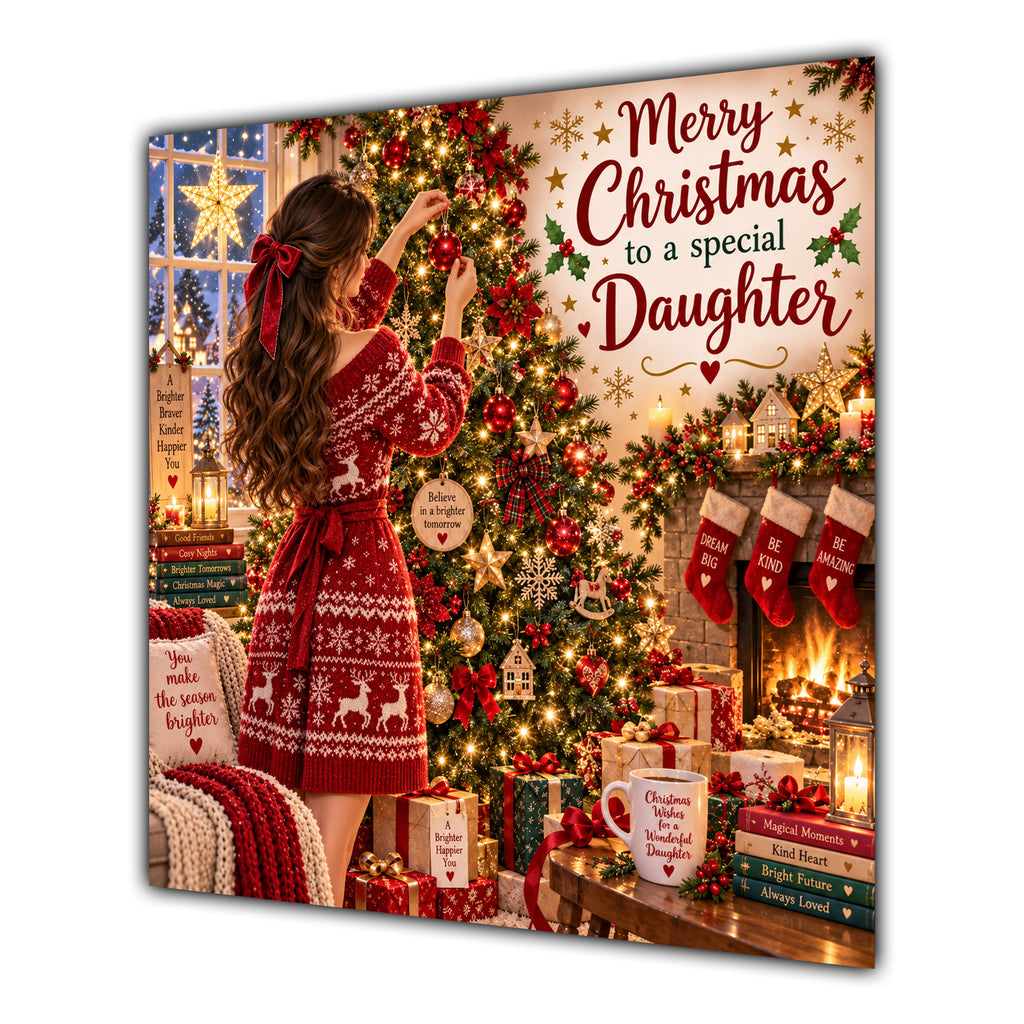 Daughter Christmas Card Brunette Decorating Christmas Tree Red Jumper - unpersonalised 15 cm square matte greeting card