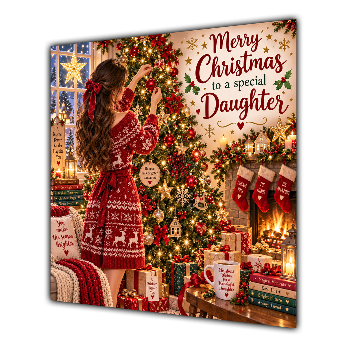Daughter Christmas Card Brunette Decorating Christmas Tree Red Jumper - unpersonalised 15 cm square matte greeting card
