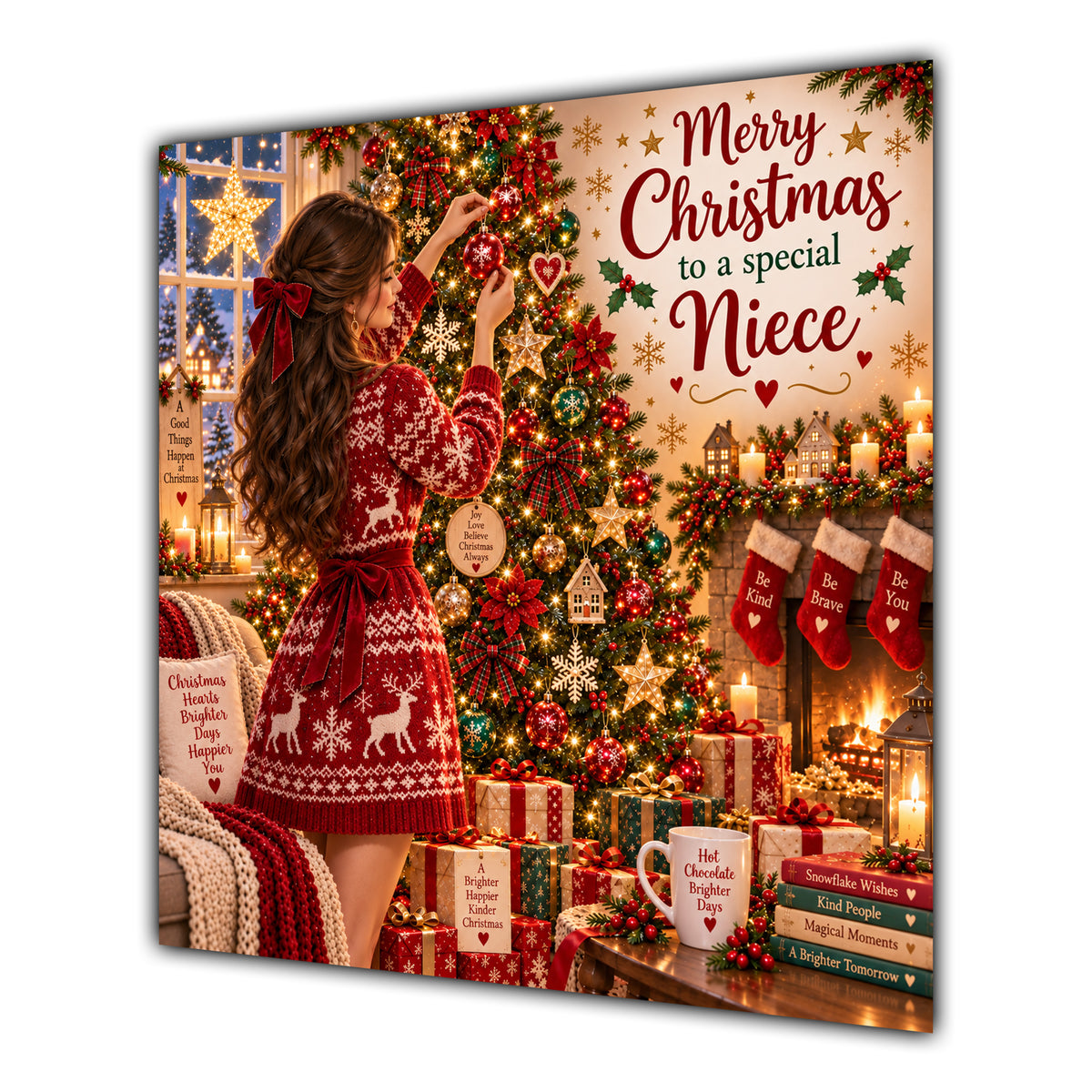 Niece Christmas Card Brunette Decorating Christmas Tree Red Jumper - unpersonalised 15 cm square matte greeting card