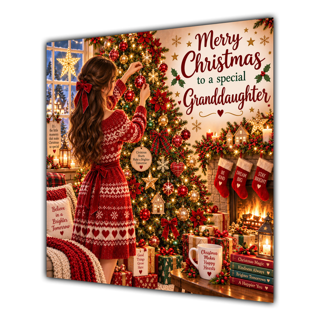 Granddaughter Christmas Card Brunette Decorating Christmas Tree Red Jumper - unpersonalised 15 cm square matte greeting card