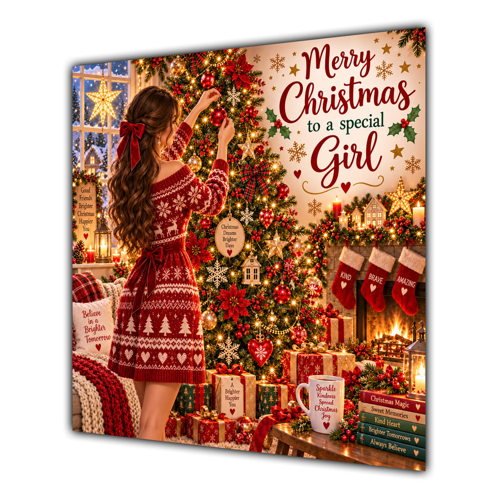 Girl Christmas Card Brunette Decorating Christmas Tree Red Jumper - unpersonalised 15 cm square matte greeting card