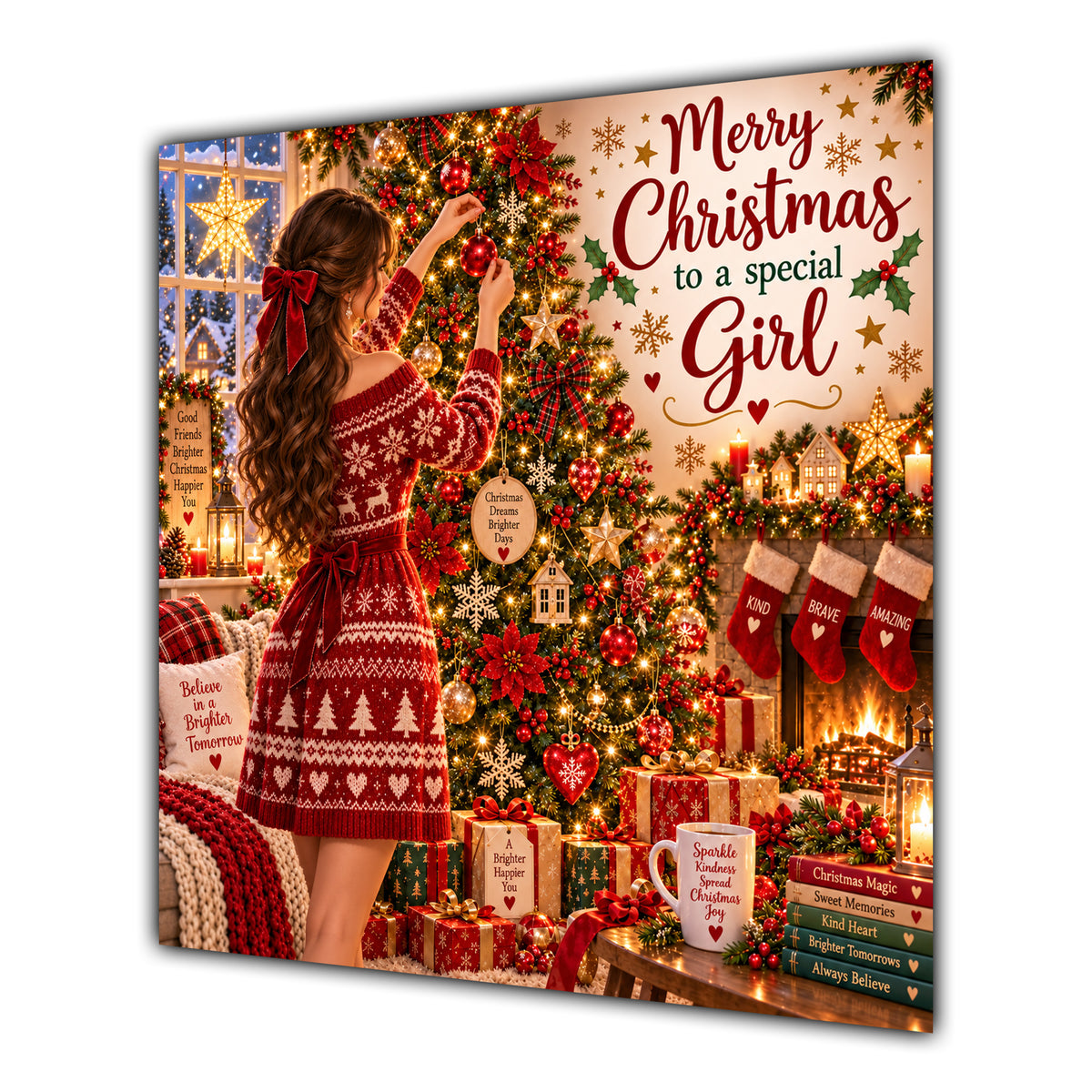 Girl Christmas Card Brunette Decorating Christmas Tree Red Jumper - unpersonalised 15 cm square matte greeting card