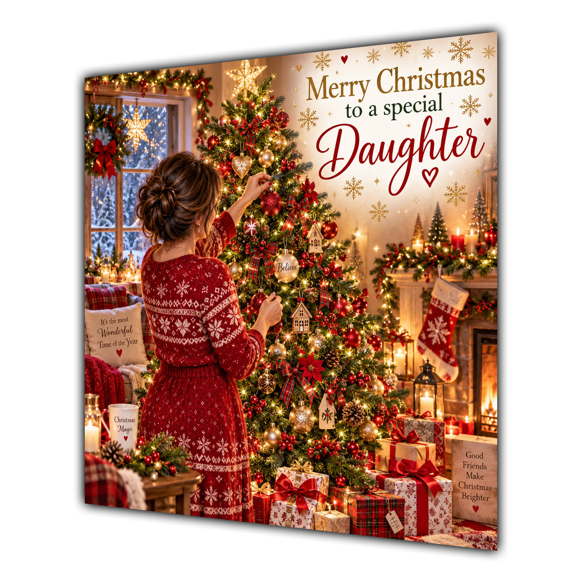 Daughter Christmas Card Brunette Hair Bun Decorating Christmas Tree - unpersonalised 15 cm square matte greeting card