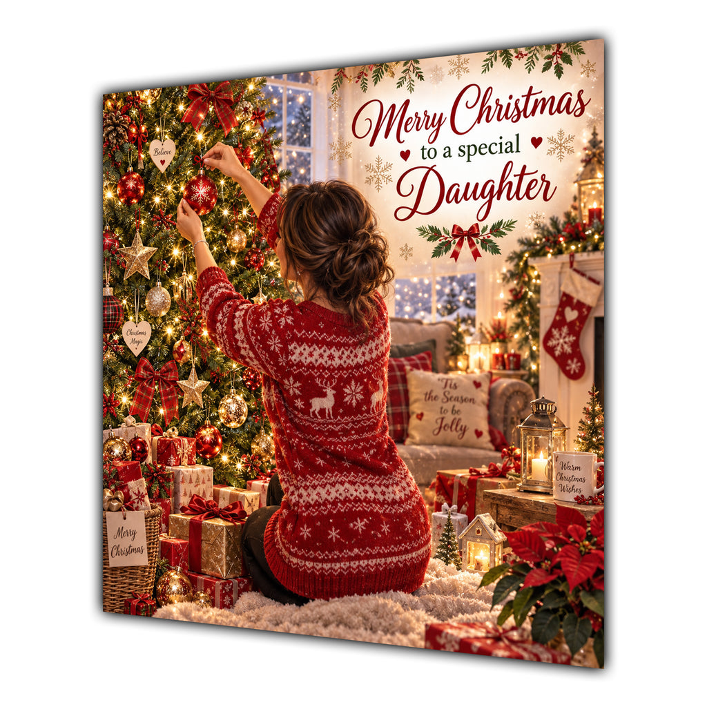 Daughter Christmas Card Brunette Hair Bun Decorating Christmas Tree - unpersonalised 15 cm square matte greeting card