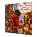 Daughter Christmas Card Brunette Hair Bun Decorating Christmas Tree - unpersonalised 15 cm square matte greeting card