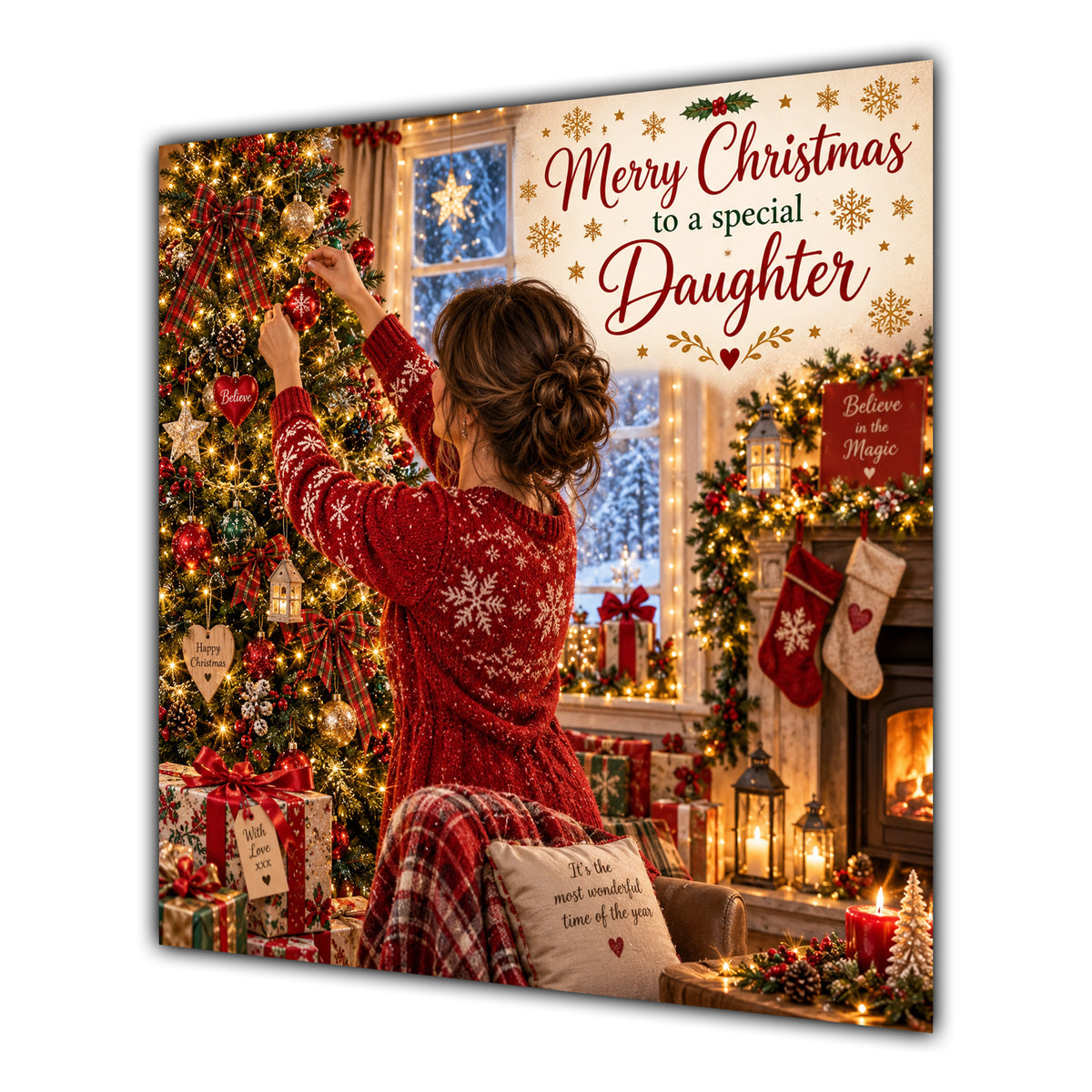 Daughter Christmas Card Brunette Hair Bun Decorating Christmas Tree - unpersonalised 15 cm square matte greeting card