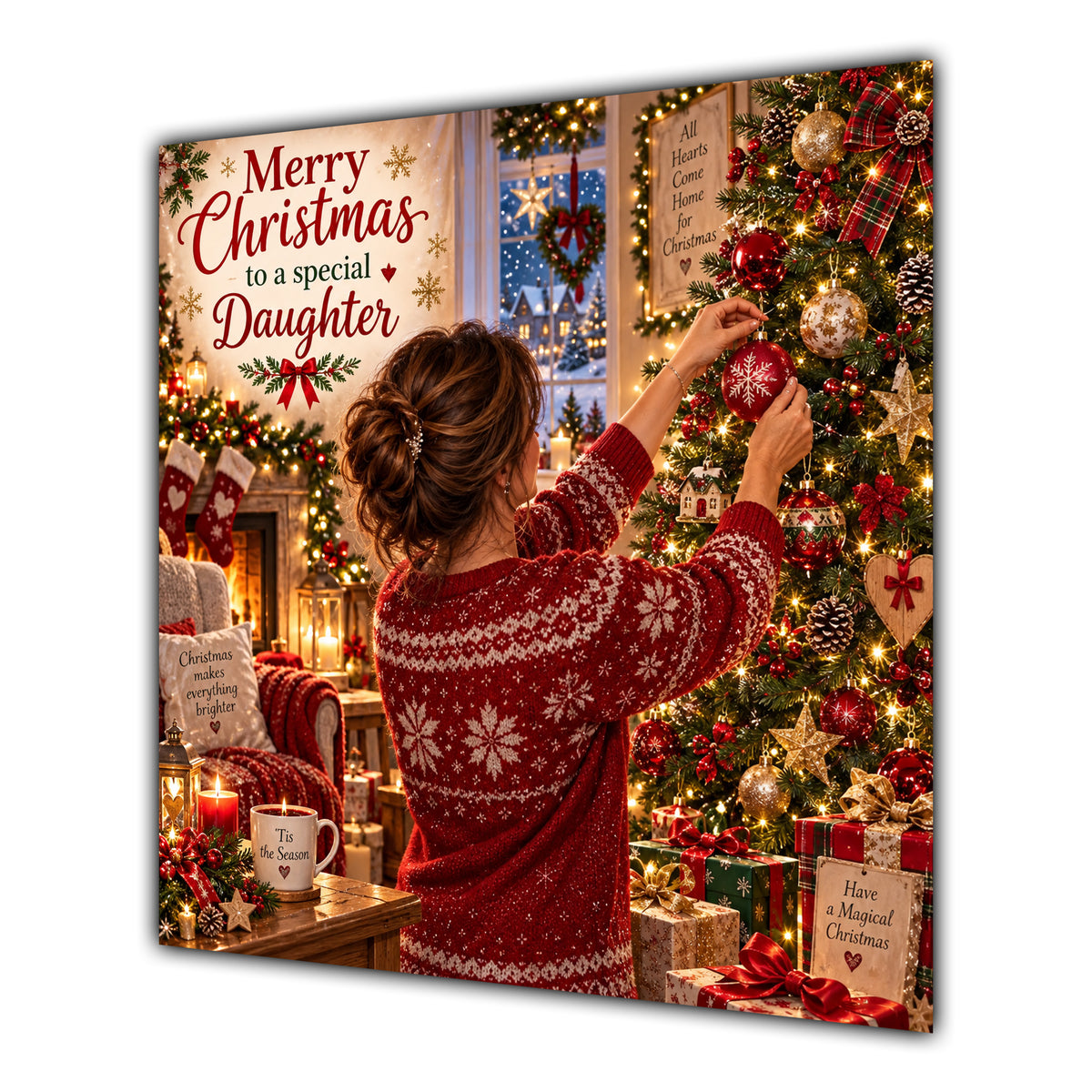 Daughter Christmas Card Brunette Hair Bun Decorating Christmas Tree - unpersonalised 15 cm square matte greeting card