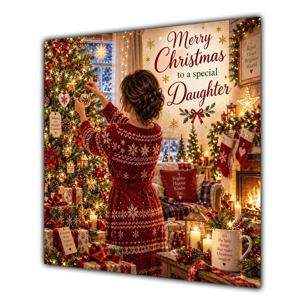 Daughter Christmas Card Brunette Hair Bun Decorating Christmas Tree - unpersonalised 15 cm square matte greeting card