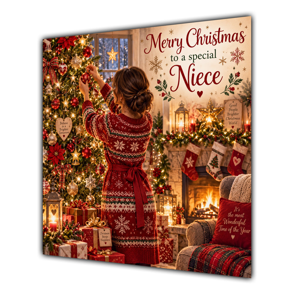Niece Christmas Card Brunette Hair Bun Decorating Christmas Tree - unpersonalised 15 cm square matte greeting card