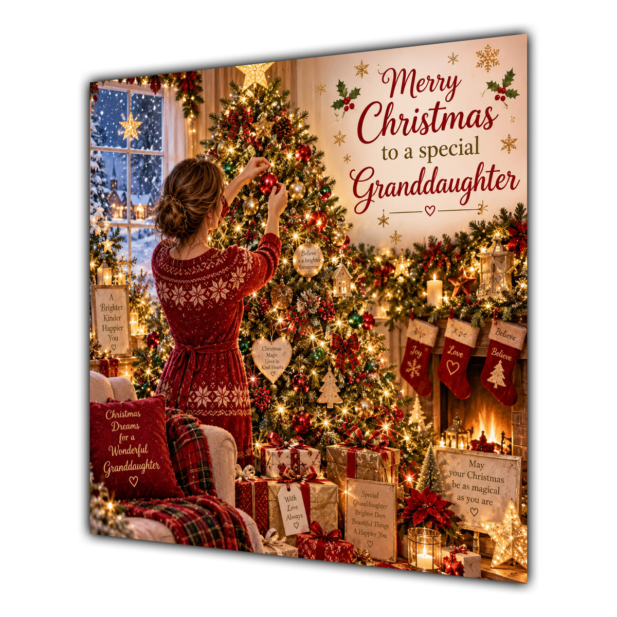 Granddaughter Christmas Card Brunette Hair Bun Decorating Christmas Tree - unpersonalised 15 cm square matte greeting card