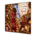 Girl Christmas Card Brunette Hair Bun Decorating Christmas Tree - unpersonalised 15 cm square matte greeting card