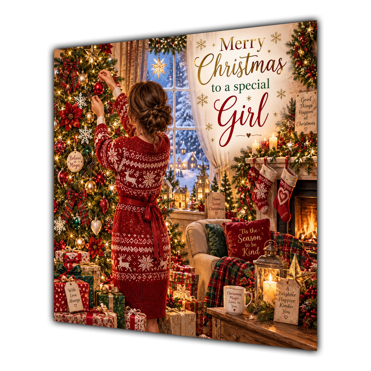 Girl Christmas Card Brunette Hair Bun Decorating Christmas Tree - unpersonalised 15 cm square matte greeting card