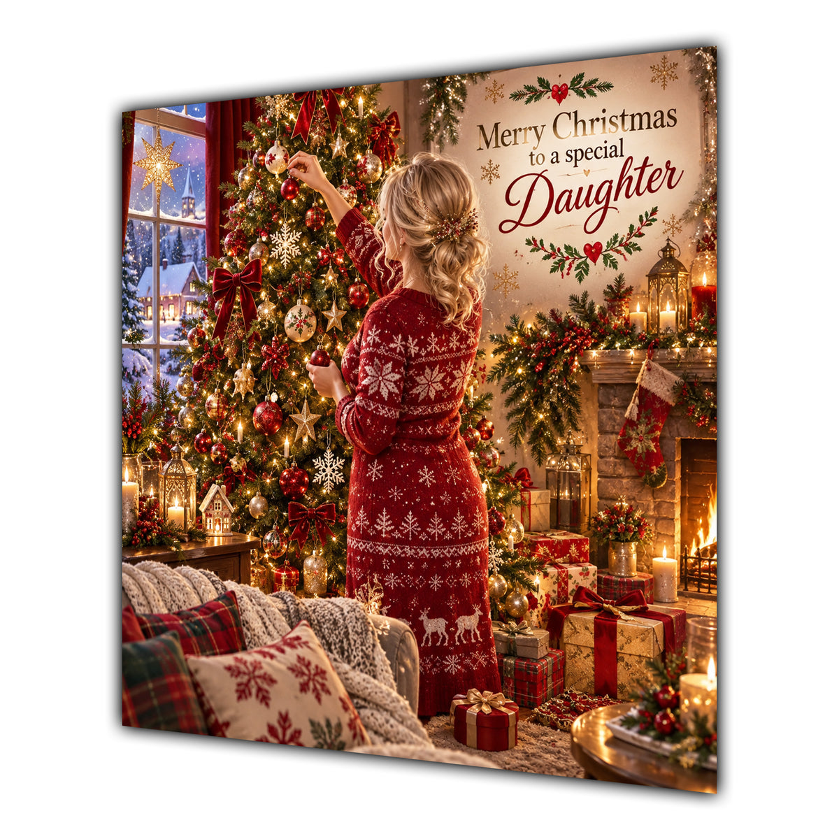 Daughter Christmas Card Blonde Hair Bun Decorating Christmas Tree - unpersonalised 15 cm square matte greeting card