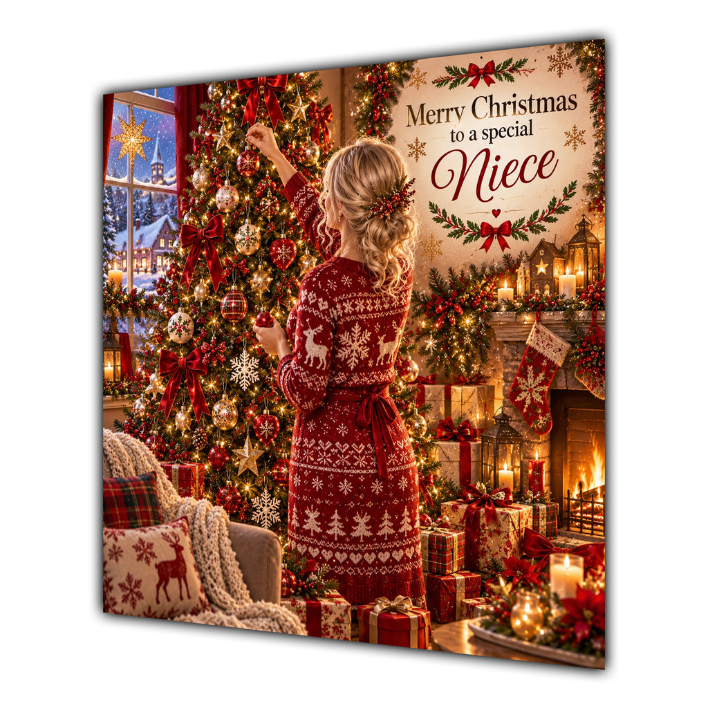 Niece Christmas Card Blonde Hair Bun Decorating Christmas Tree - unpersonalised 15 cm square matte greeting card