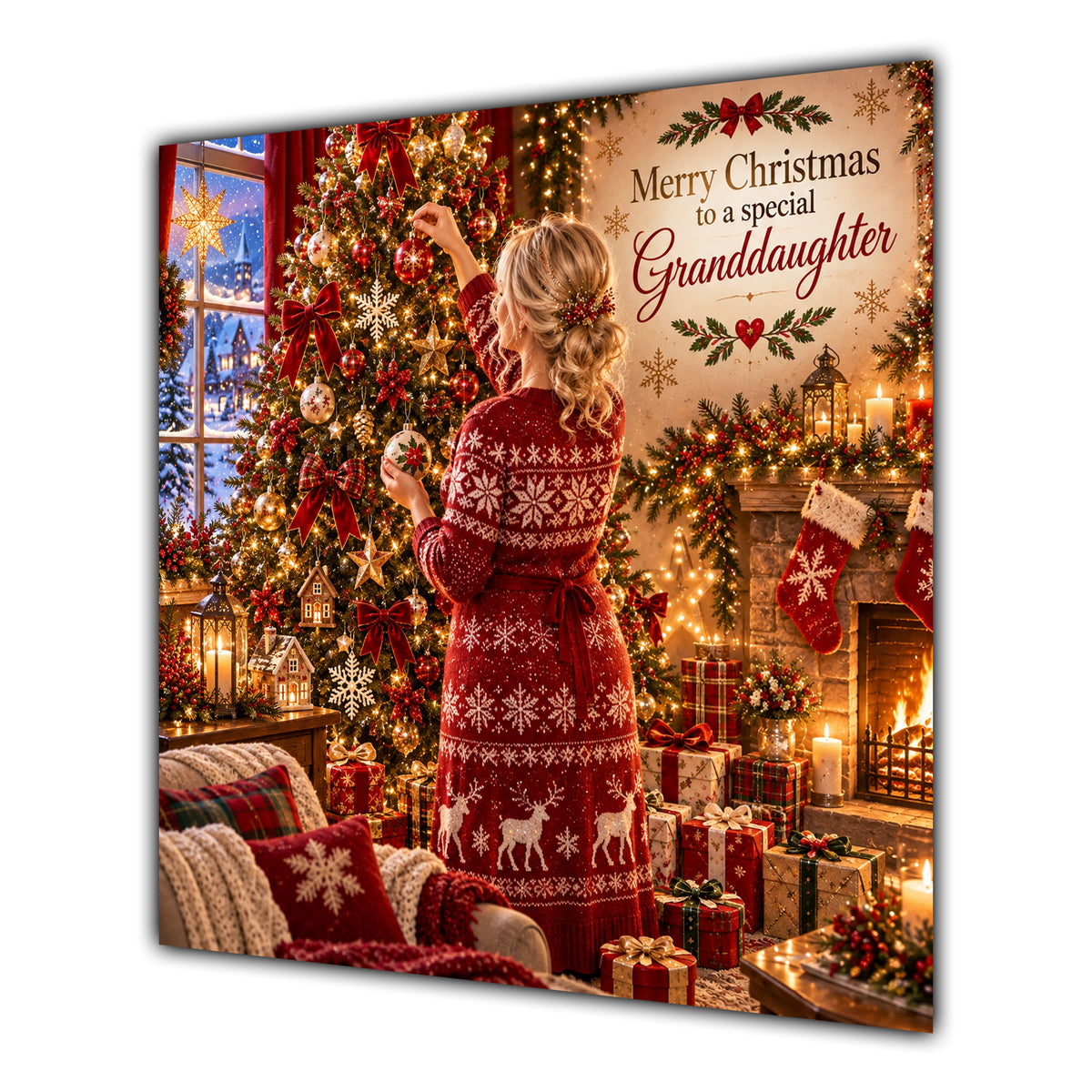 Granddaughter Christmas Card Blonde Hair Bun Decorating Christmas Tree - unpersonalised 15 cm square matte greeting card