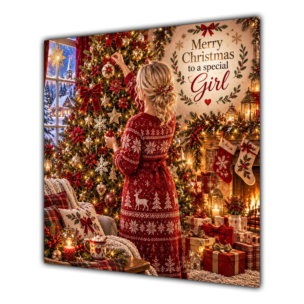 Girl Christmas Card Blonde Hair Bun Decorating Christmas Tree - unpersonalised 15 cm square matte greeting card
