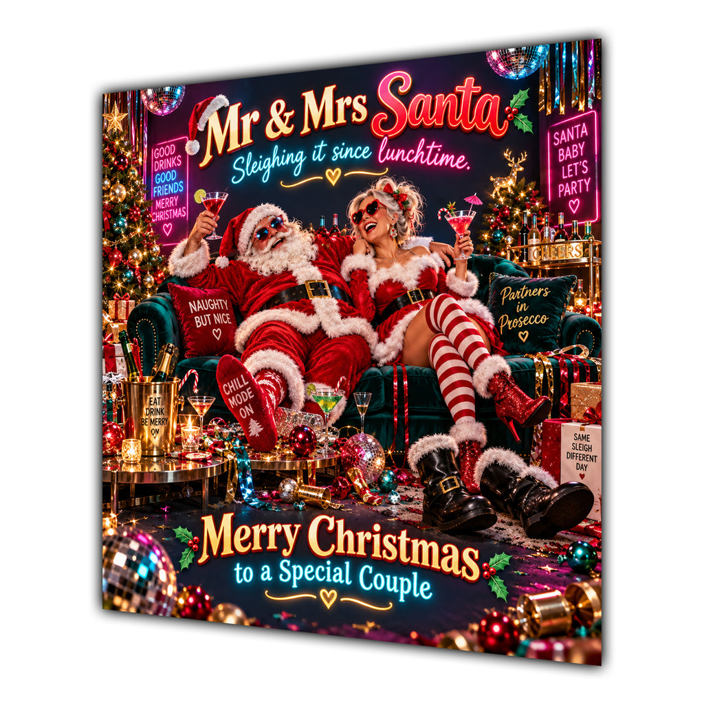Couple Christmas Card Funny Mr and Mrs Santa Neon Party - unpersonalised 15 cm square matte greeting card
