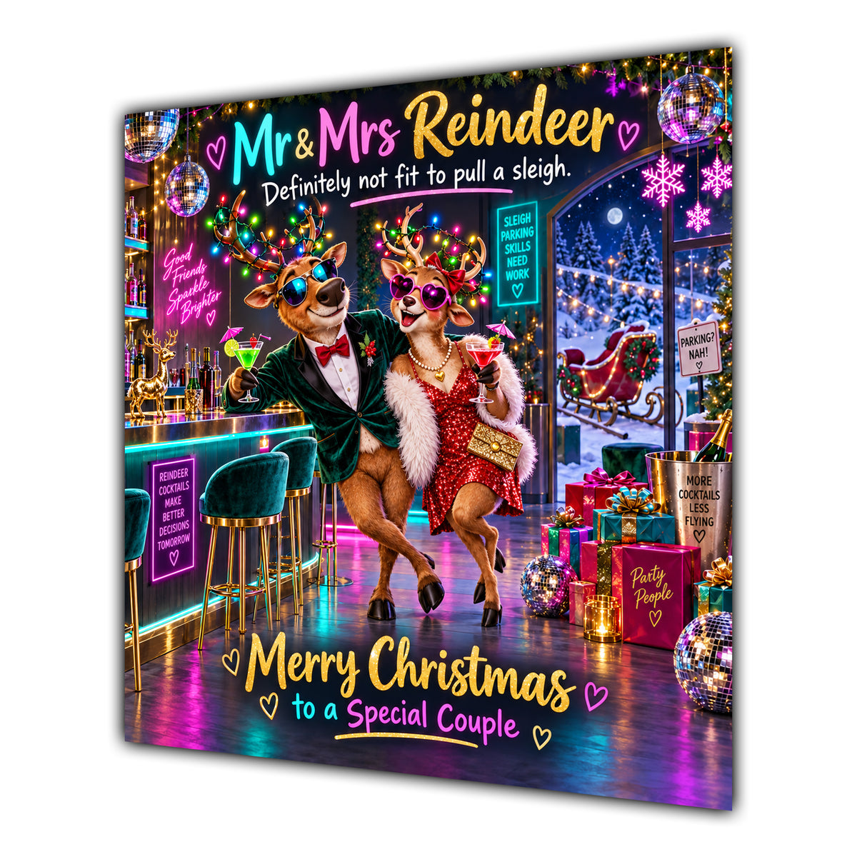 Couple Christmas Card Funny Mr and Mrs Reindeer Neon Party - unpersonalised 15 cm square matte greeting card