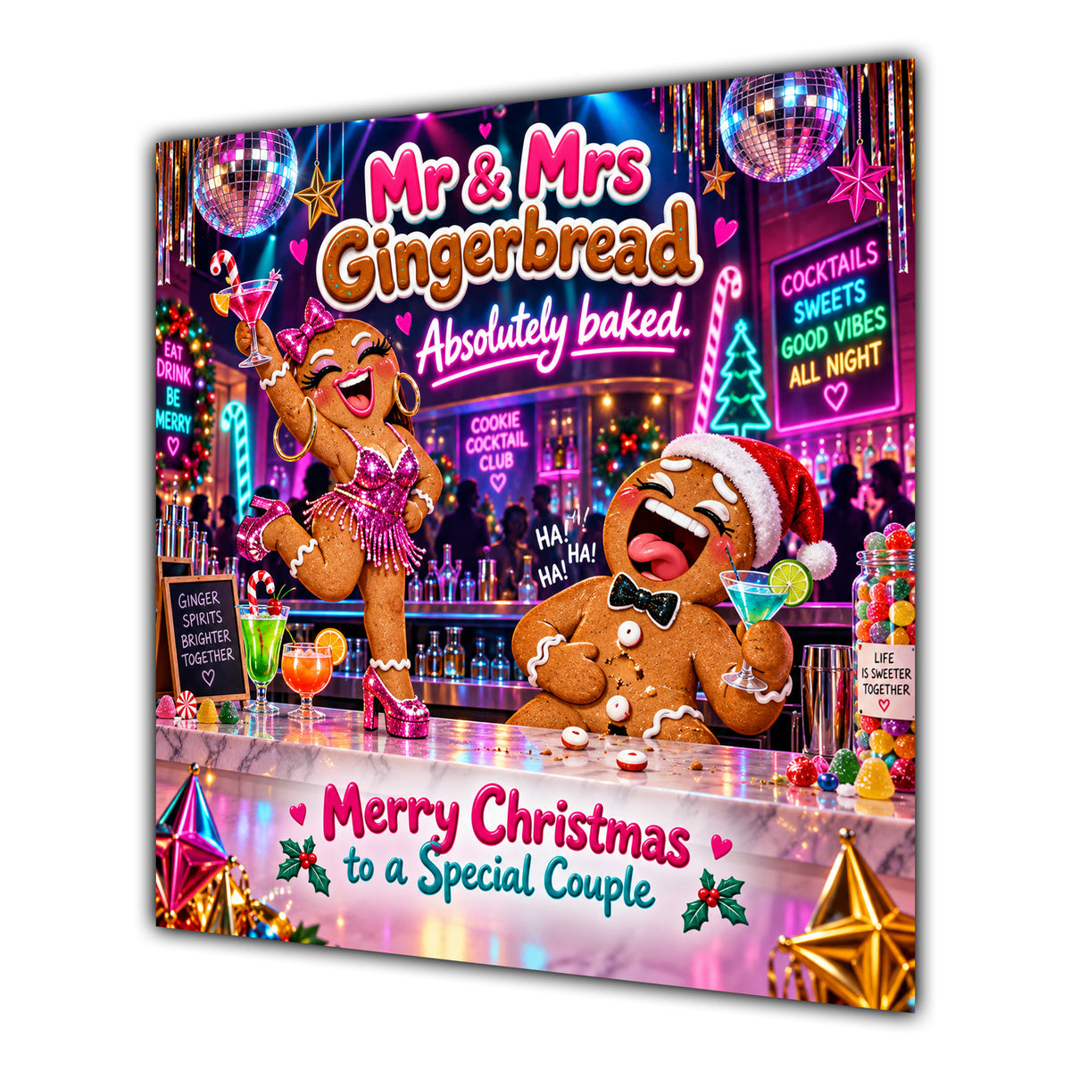 Couple Christmas Card Funny Mr and Mrs Gingerbread Neon Party - unpersonalised 15 cm square matte greeting card