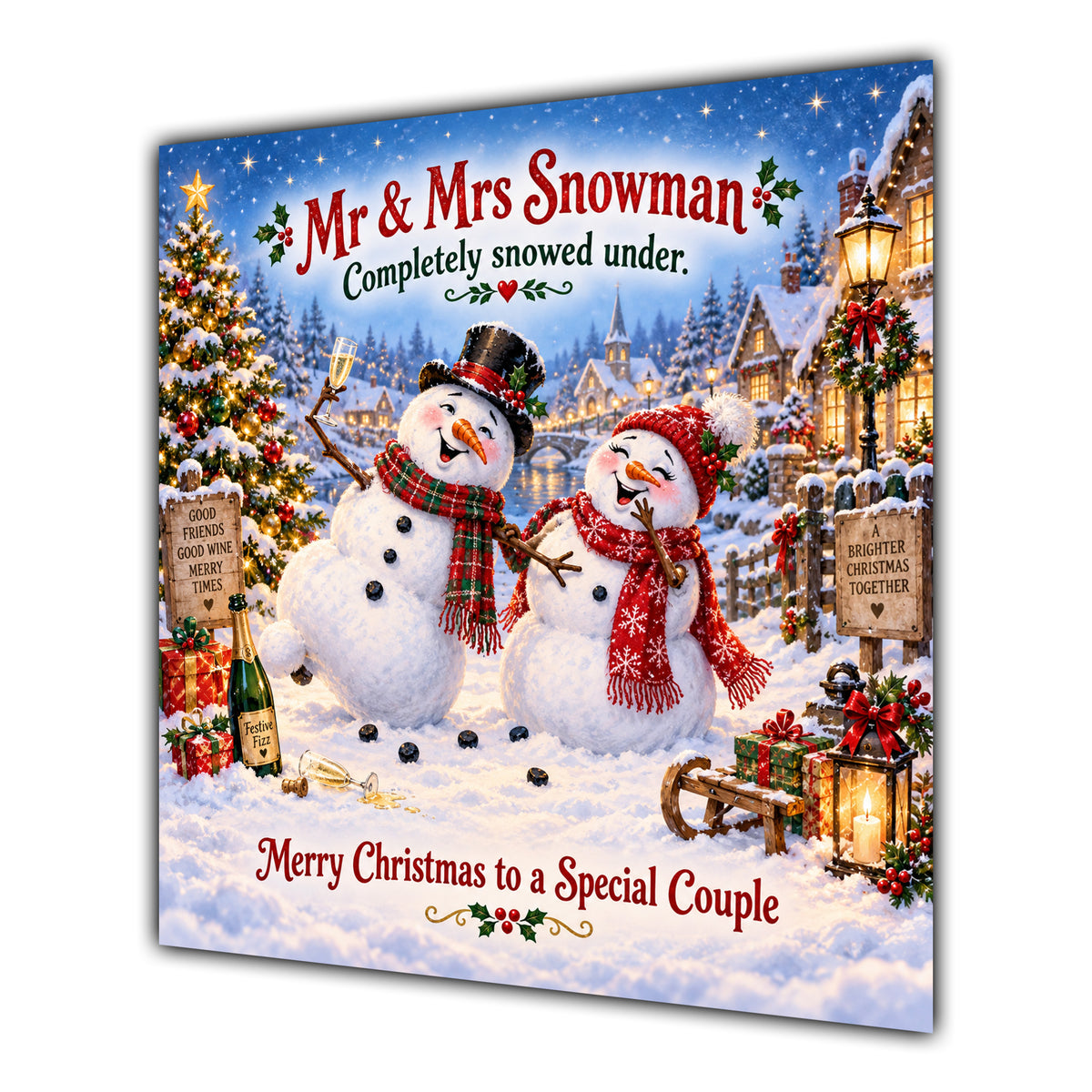 Couple Christmas Card Funny Mr and Mrs Snowman Festive Scene - unpersonalised 15 cm square matte greeting card