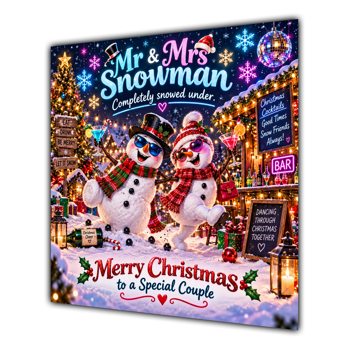 Couple Christmas Card Funny Mr and Mrs Snowman Neon Party - unpersonalised 15 cm square matte greeting card