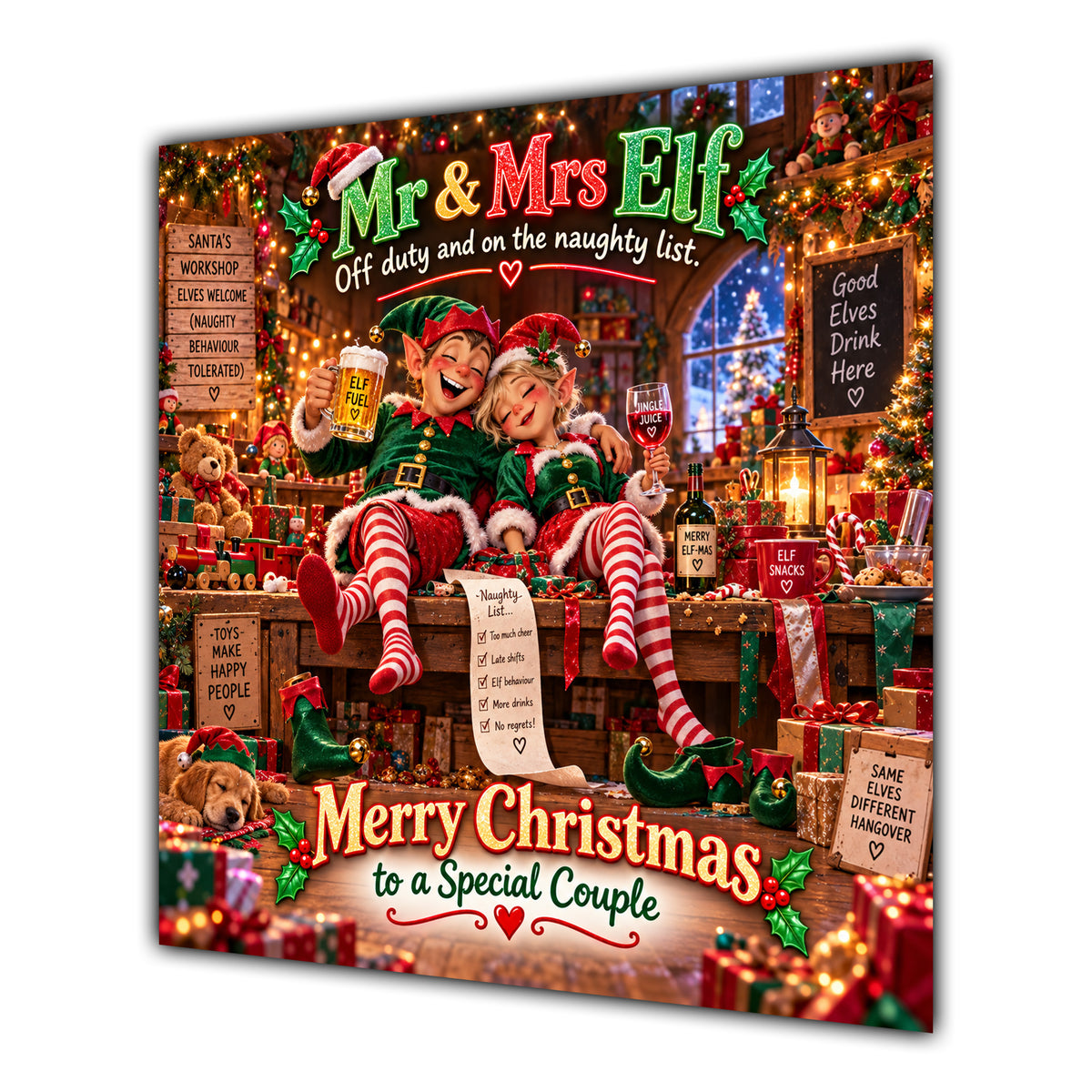 Couple Christmas Card Funny Mr and Mrs Elf Festive Scene - unpersonalised 15 cm square matte greeting card