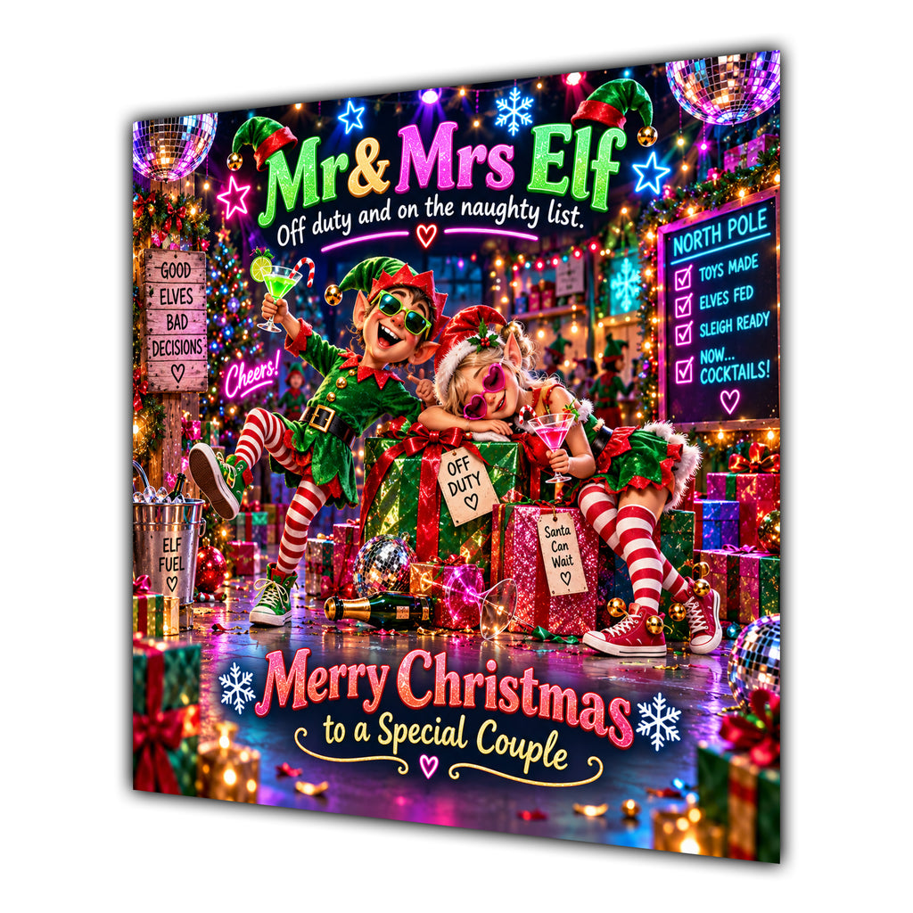 Couple Christmas Card Funny Mr and Mrs Elf Neon Party - unpersonalised 15 cm square matte greeting card
