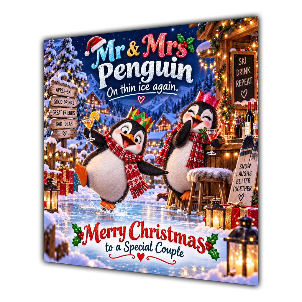 Couple Christmas Card Funny Mr and Mrs Penguin Festive Scene - unpersonalised 15 cm square matte greeting card