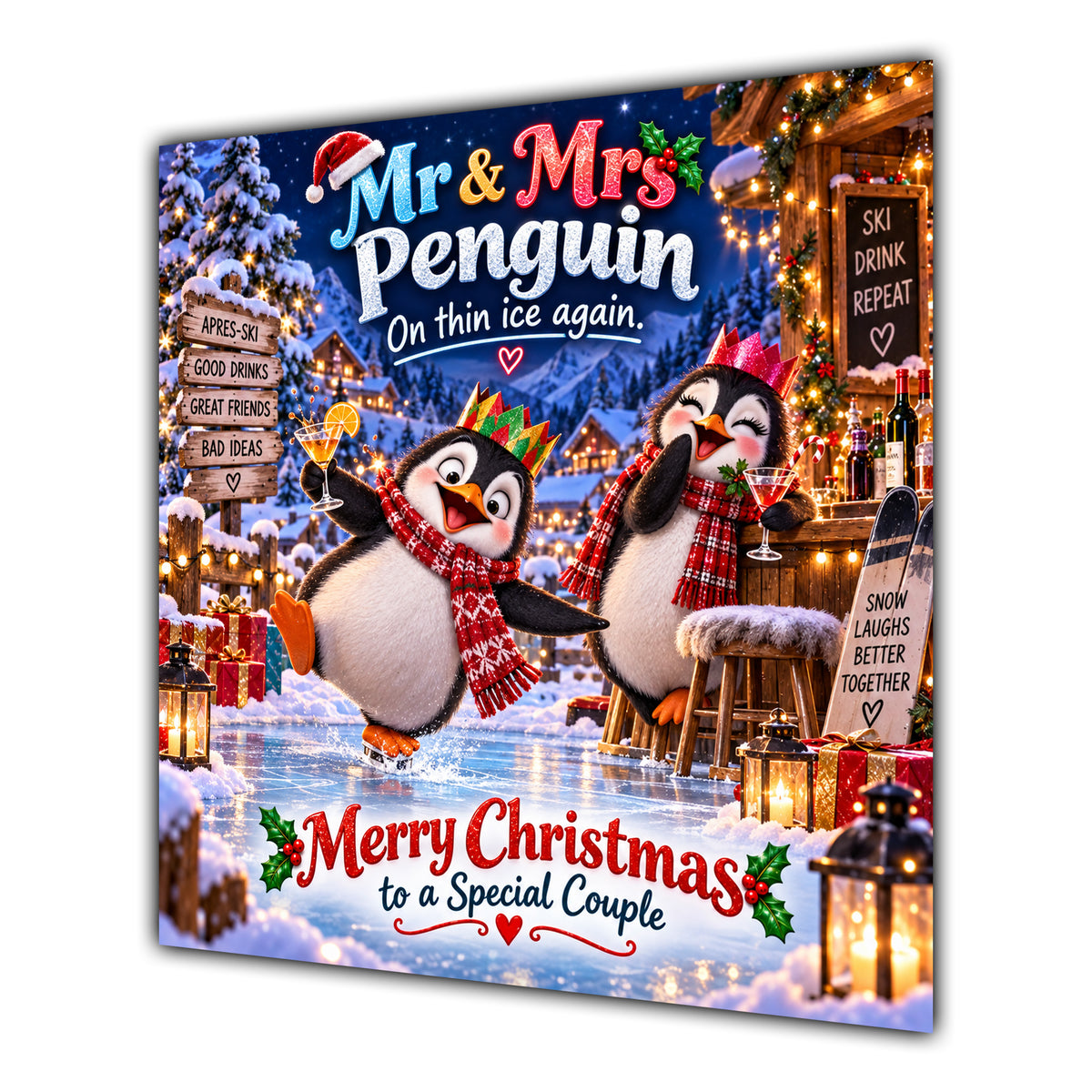 Couple Christmas Card Funny Mr and Mrs Penguin Festive Scene - unpersonalised 15 cm square matte greeting card