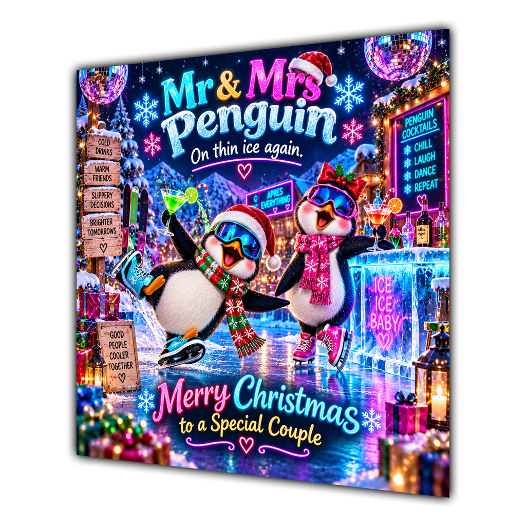 Couple Christmas Card Funny Mr and Mrs Penguin Neon Party - unpersonalised 15 cm square matte greeting card