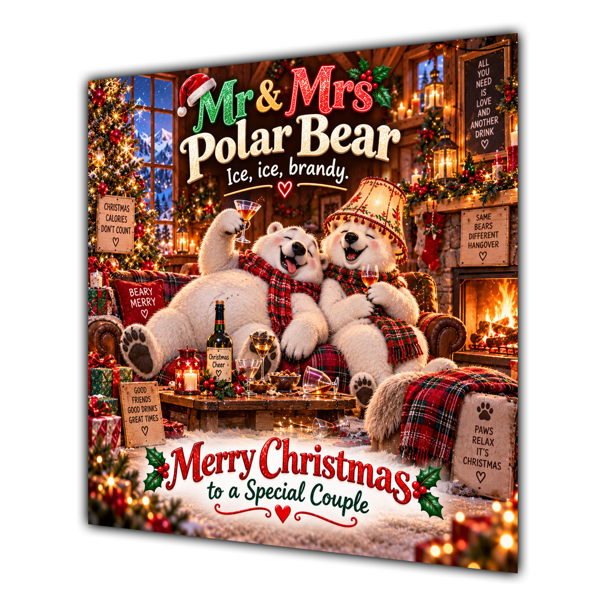 Couple Christmas Card Funny Mr and Mrs Polar Bear Festive Scene - unpersonalised 15 cm square matte greeting card