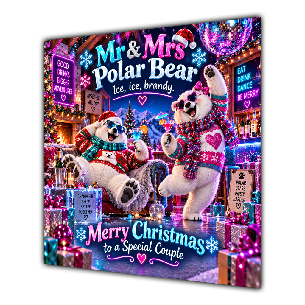 Couple Christmas Card Funny Mr and Mrs Polar Bear Neon Party - unpersonalised 15 cm square matte greeting card