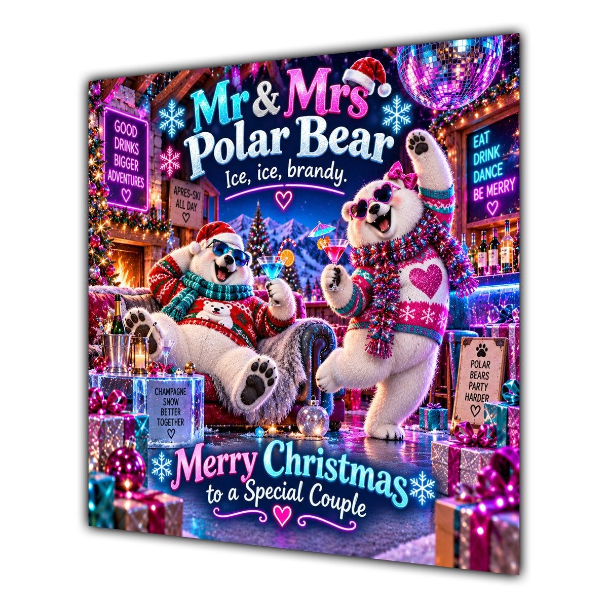 Couple Christmas Card Funny Mr and Mrs Polar Bear Neon Party - unpersonalised 15 cm square matte greeting card