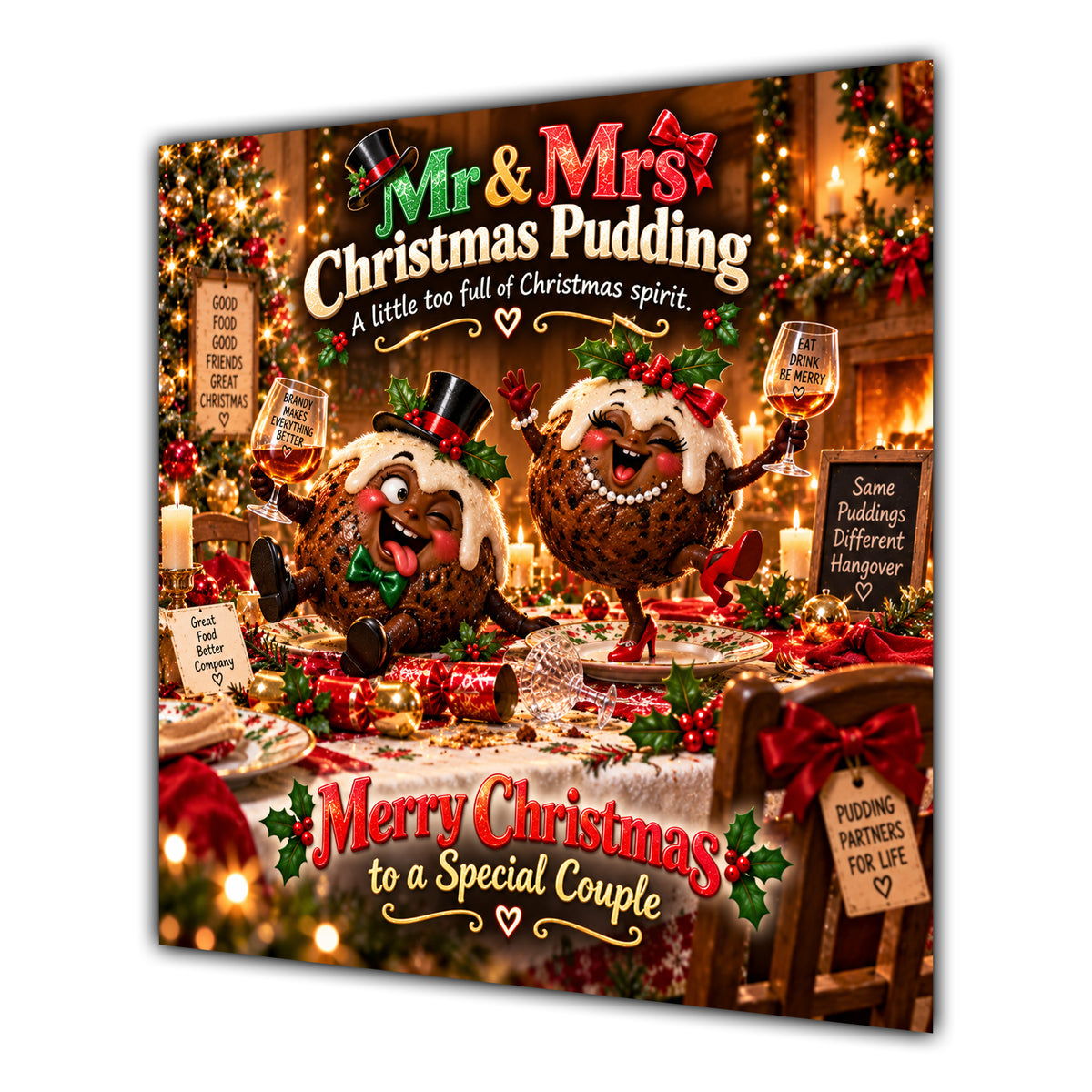 Couple Christmas Card Funny Mr and Mrs Christmas Pudding Festive Scene - unpersonalised 15 cm square matte greeting card