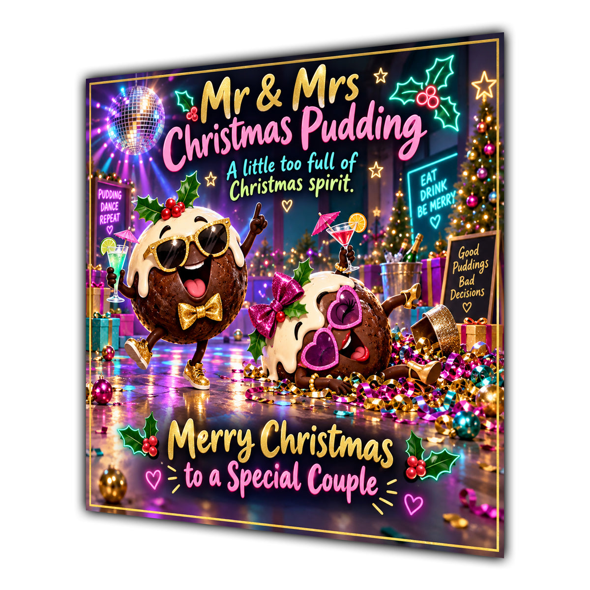 Couple Christmas Card Funny Mr and Mrs Christmas Pudding Neon Party - unpersonalised 15 cm square matte greeting card