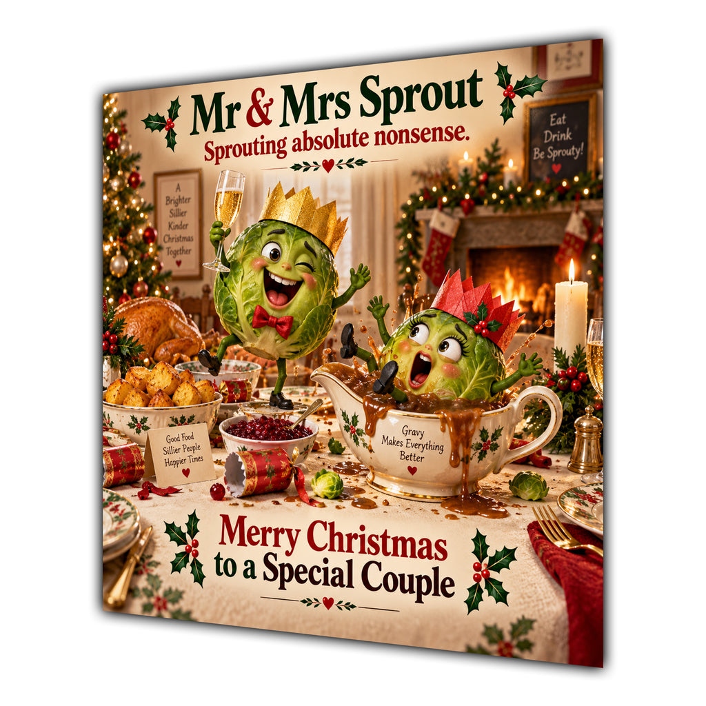Couple Christmas Card Funny Mr and Mrs Sprout Festive Scene - unpersonalised 15 cm square matte greeting card