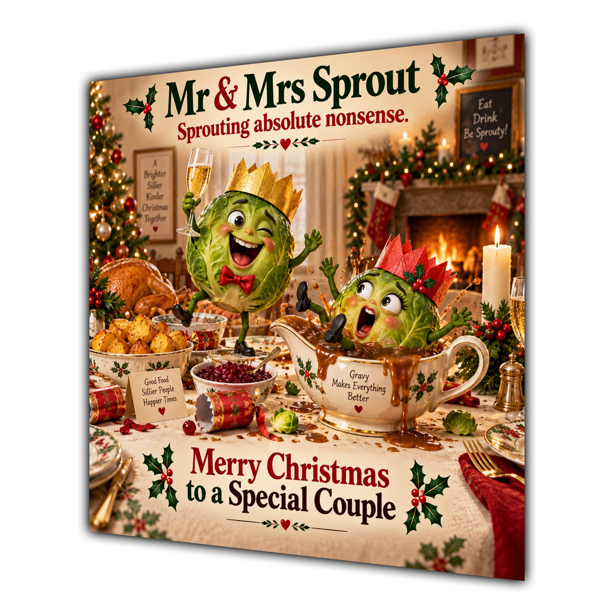 Couple Christmas Card Funny Mr and Mrs Sprout Festive Scene - unpersonalised 15 cm square matte greeting card