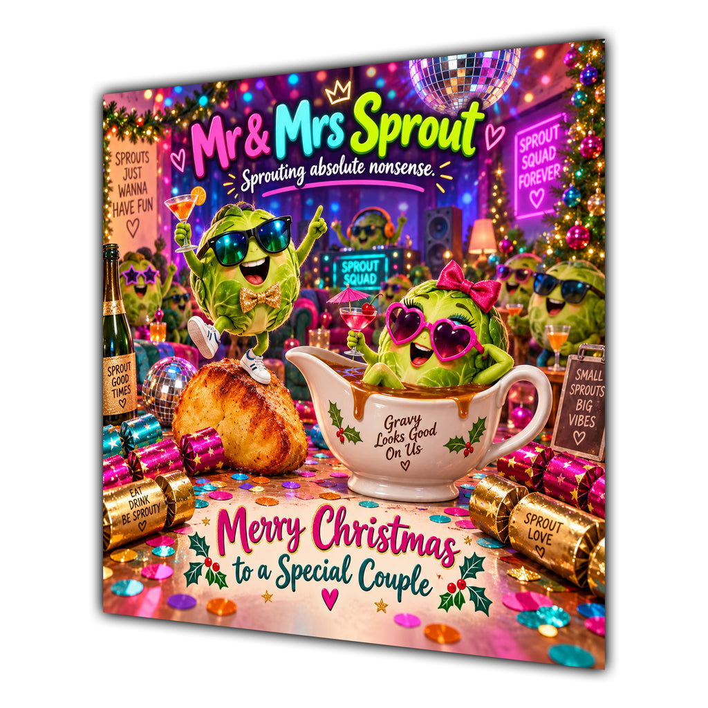 Couple Christmas Card Funny Mr and Mrs Sprout Neon Party - unpersonalised 15 cm square matte greeting card