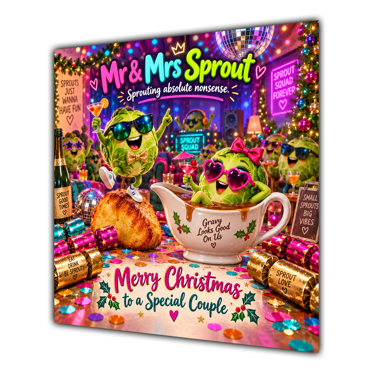 Couple Christmas Card Funny Mr and Mrs Sprout Neon Party - unpersonalised 15 cm square matte greeting card