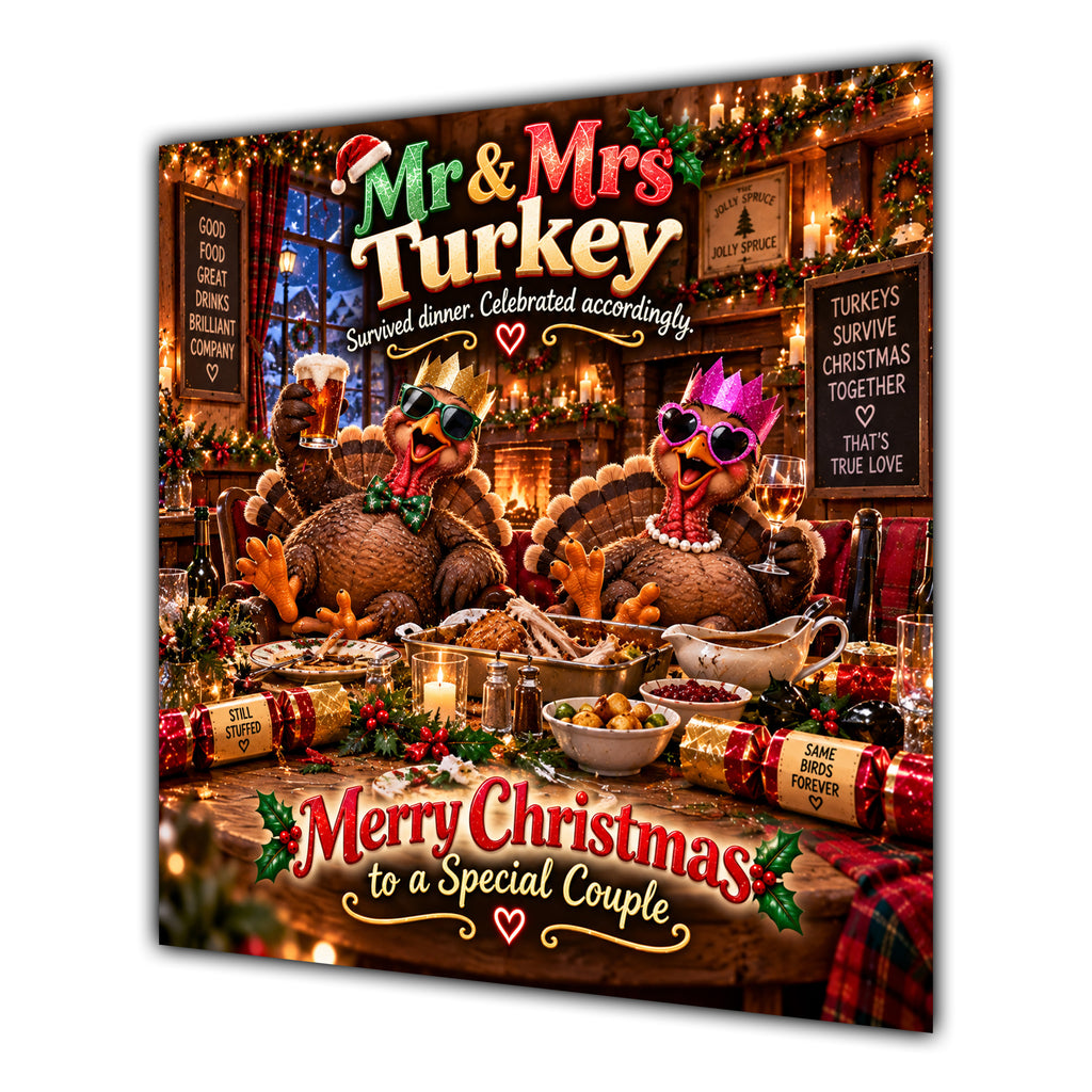 Couple Christmas Card Funny Mr and Mrs Turkey Festive Scene - unpersonalised 15 cm square matte greeting card