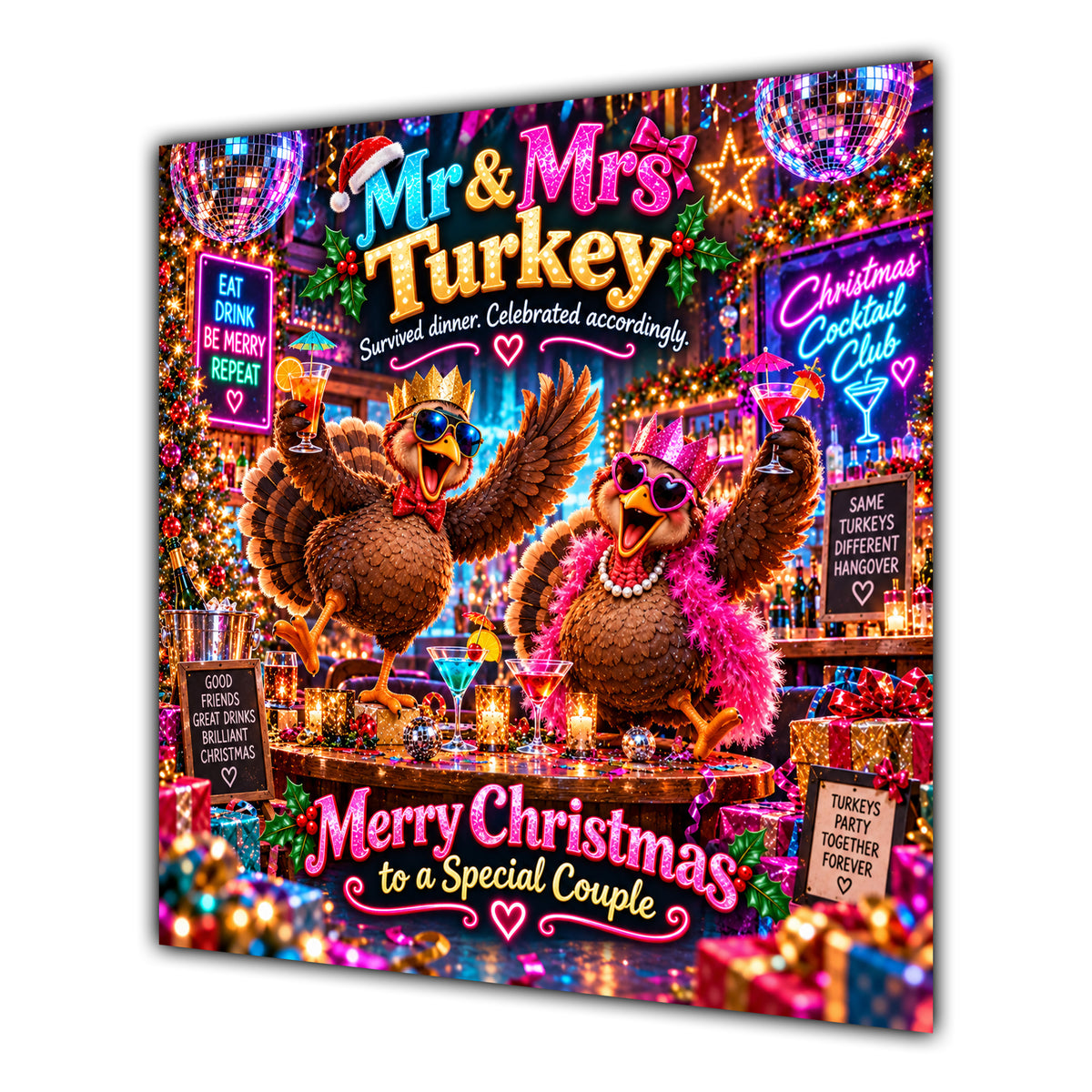 Couple Christmas Card Funny Mr and Mrs Turkey Neon Party - unpersonalised 15 cm square matte greeting card